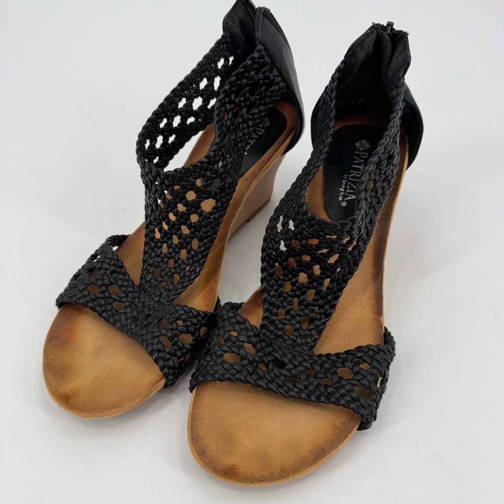 Patrizia by Spring Step Black Woven Wedge Sandals Size 7 Zipper Back Boho Chic